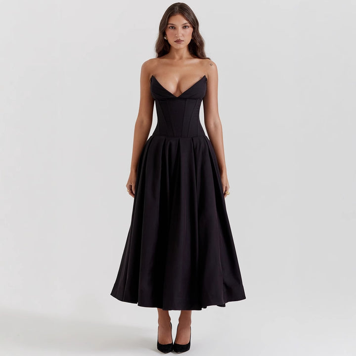 Damen Couture Maxikleid mit elegantem Herz-Ausschnitt und schwingendem Rock Drune