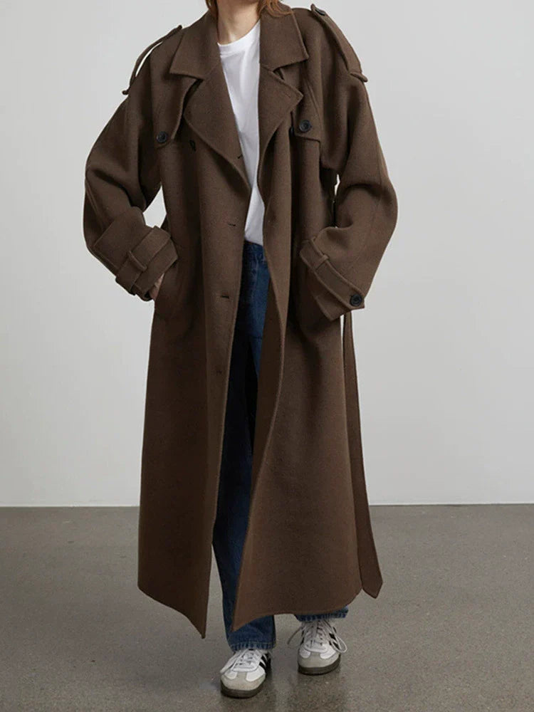 Drune | Damen Langer Mantel – Oversized Schnitt – Wollmischung – Doppelt Knopfverschluss Gürteldesign