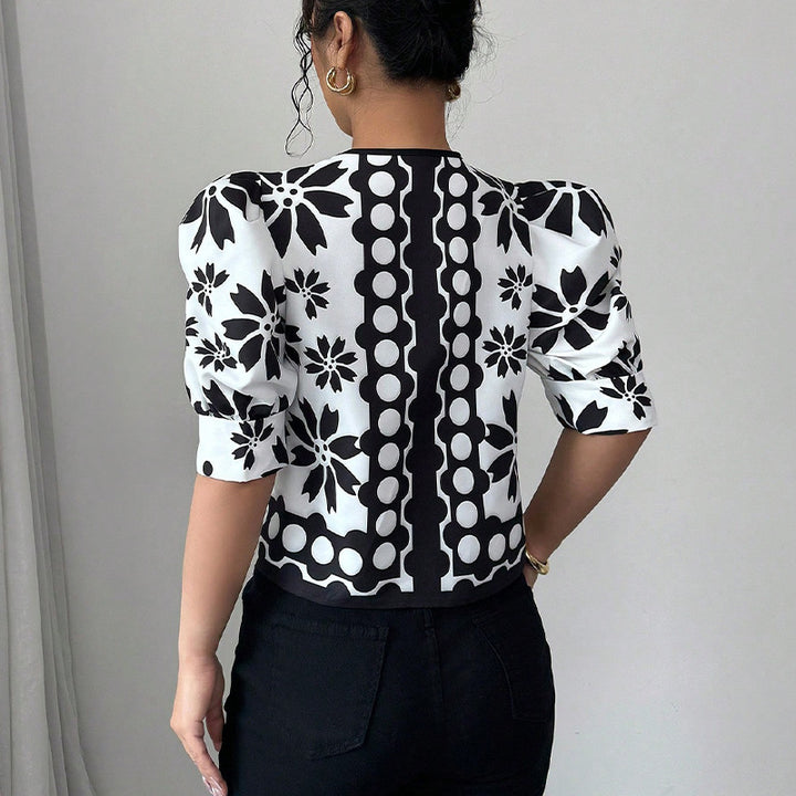 Damen Bluse mit floralem Druck und Schleifenbindung Drune