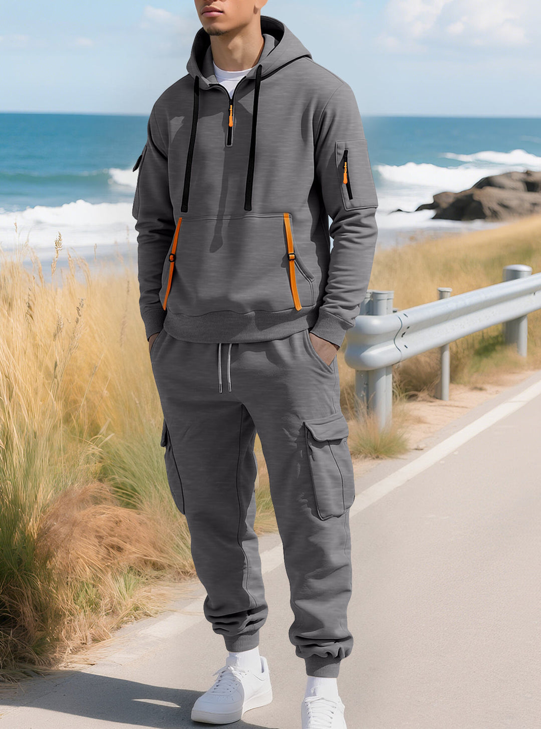 Herren nan lässiger Halbzip Hoodie mit Kängurutasche und Cargo Jogginghose mit Reißverschlussdetails Drune