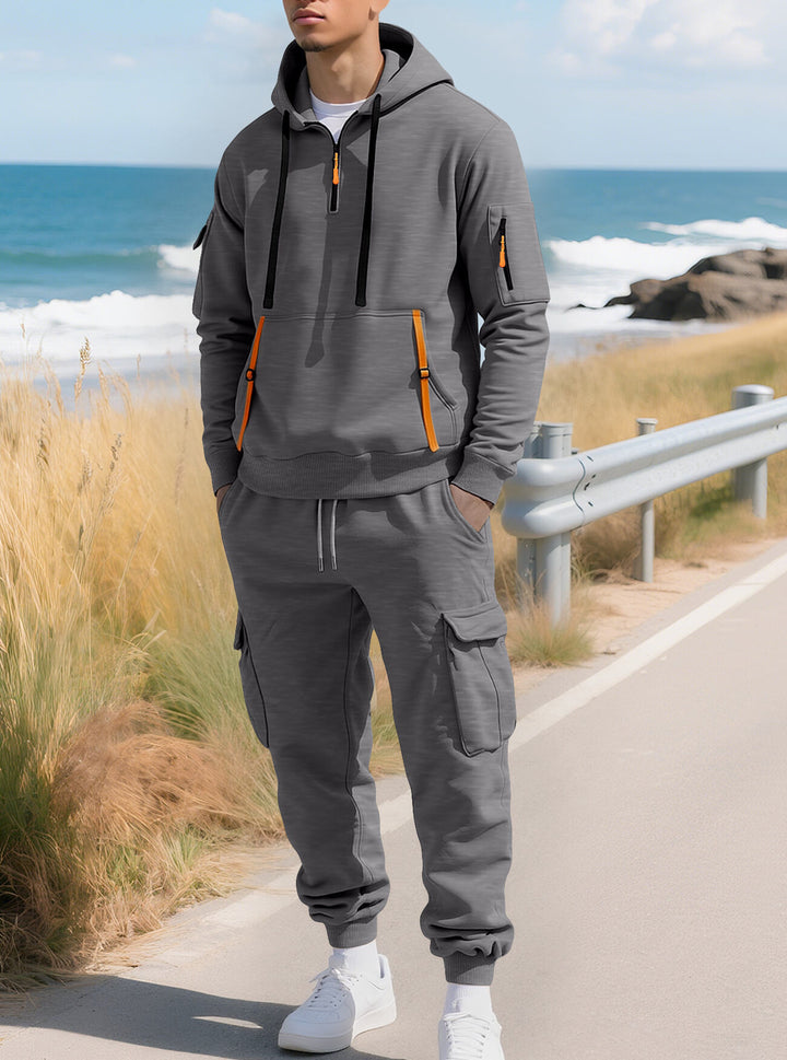 Herren nan lässiger Halbzip Hoodie mit Kängurutasche und Cargo Jogginghose mit Reißverschlussdetails Drune