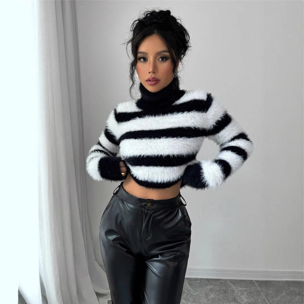 Damen modischer Strickpullover mit trendigem gestreiften Design und hohem Kragen Drune