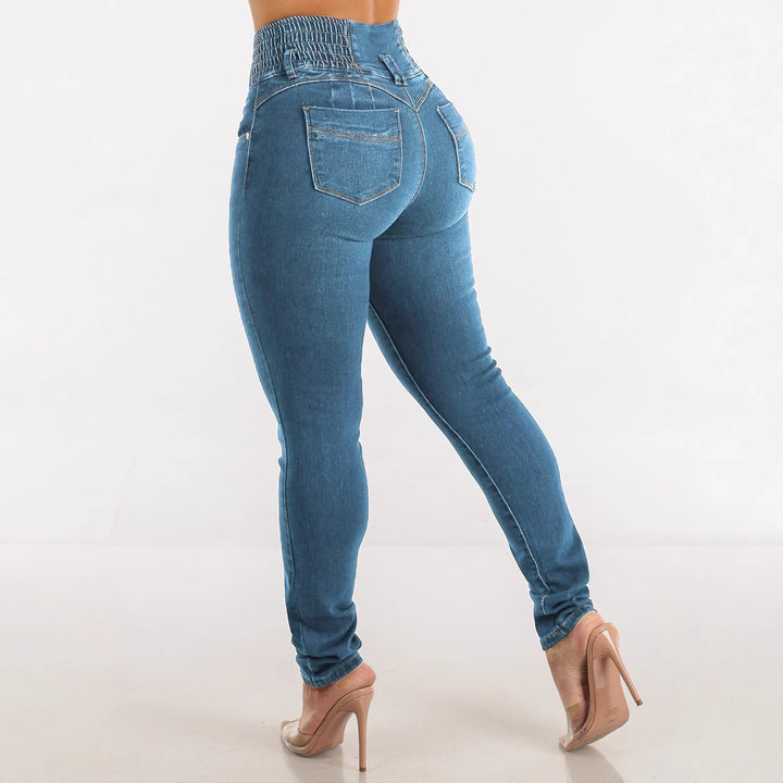 Damen Hochtaillierte Jeans mit elastischem Bund und Knopfdetails Drune