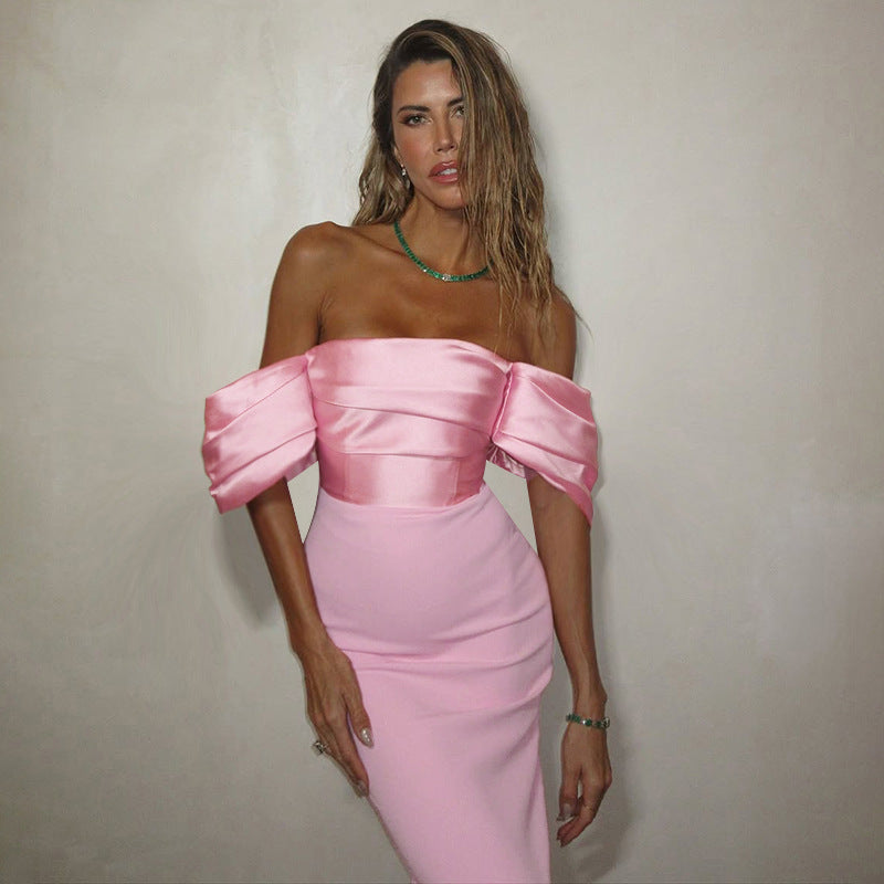 Damen schulterfreies Maxikleid mit elegantem Wickeldetail und voluminösen Puffärmeln Drune