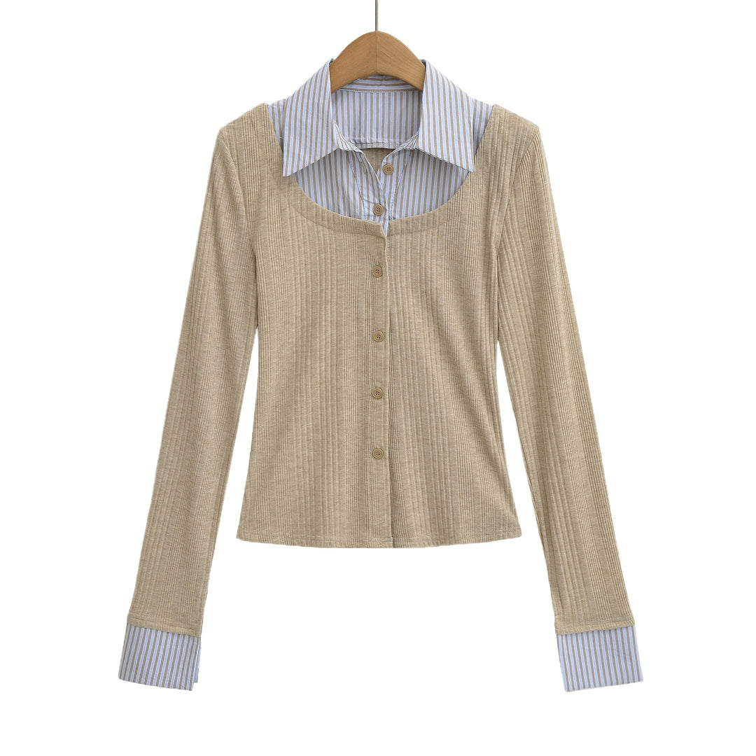 Damen Langarmshirt mit eleganter Knopfleiste und Streifenmustern Drune