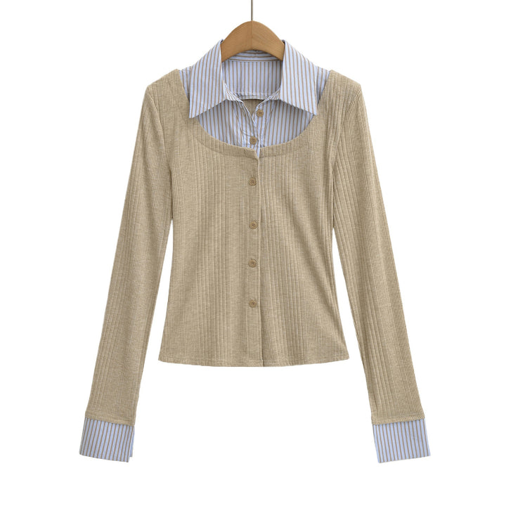 Damen Langarmshirt mit eleganter Knopfleiste und Streifenmustern Drune