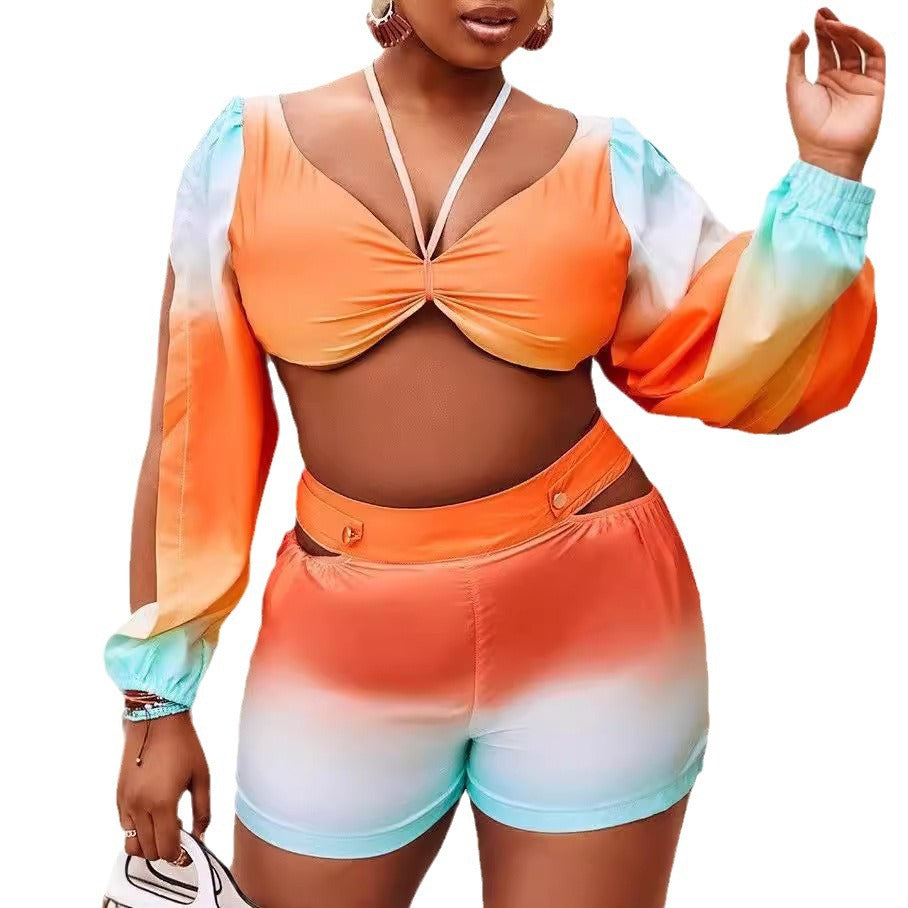 Damen cropped Top mit schulterfreien Ärmeln und farbverlaufendem Design Drune