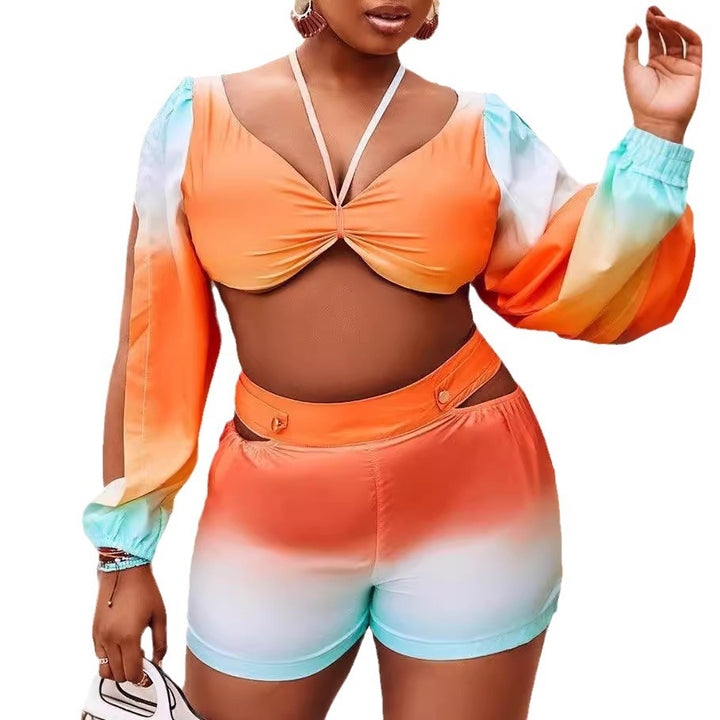 Damen cropped Top mit schulterfreien Ärmeln und farbverlaufendem Design Drune