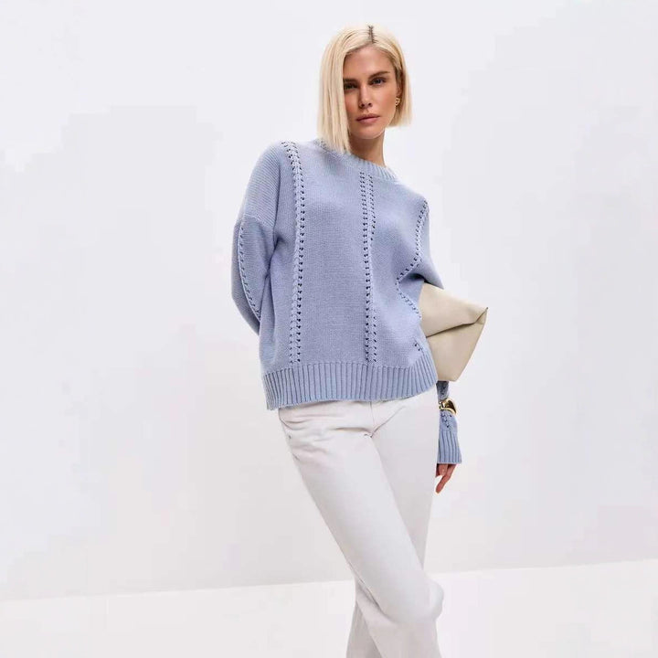 Damen Strickpullover mit dekorativem Lochmuster und voluminösen Ärmeln Drune