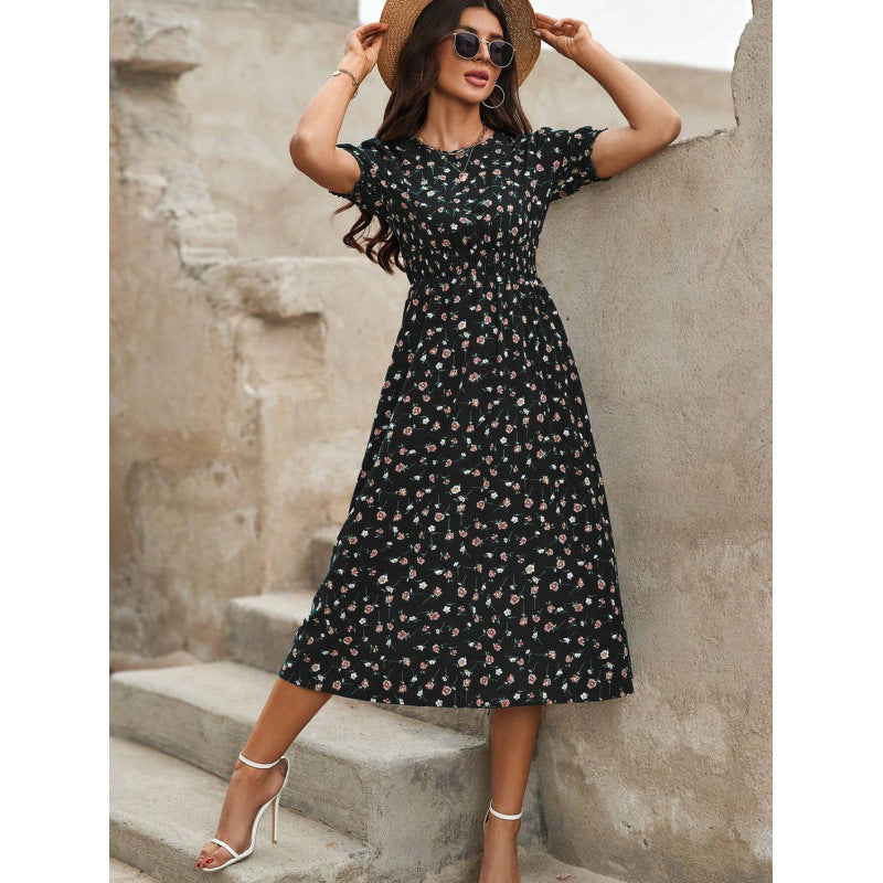 Damen Leichtes Blumendruck Maxi Kleid mit Smock-Taille Drune