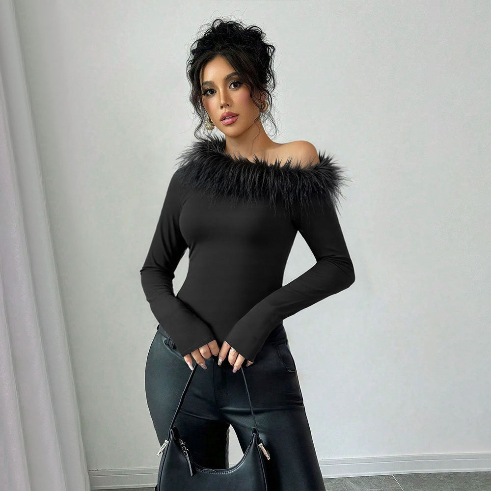Damen elegantes Top mit abnehmbarem Flauschebesatz Drune