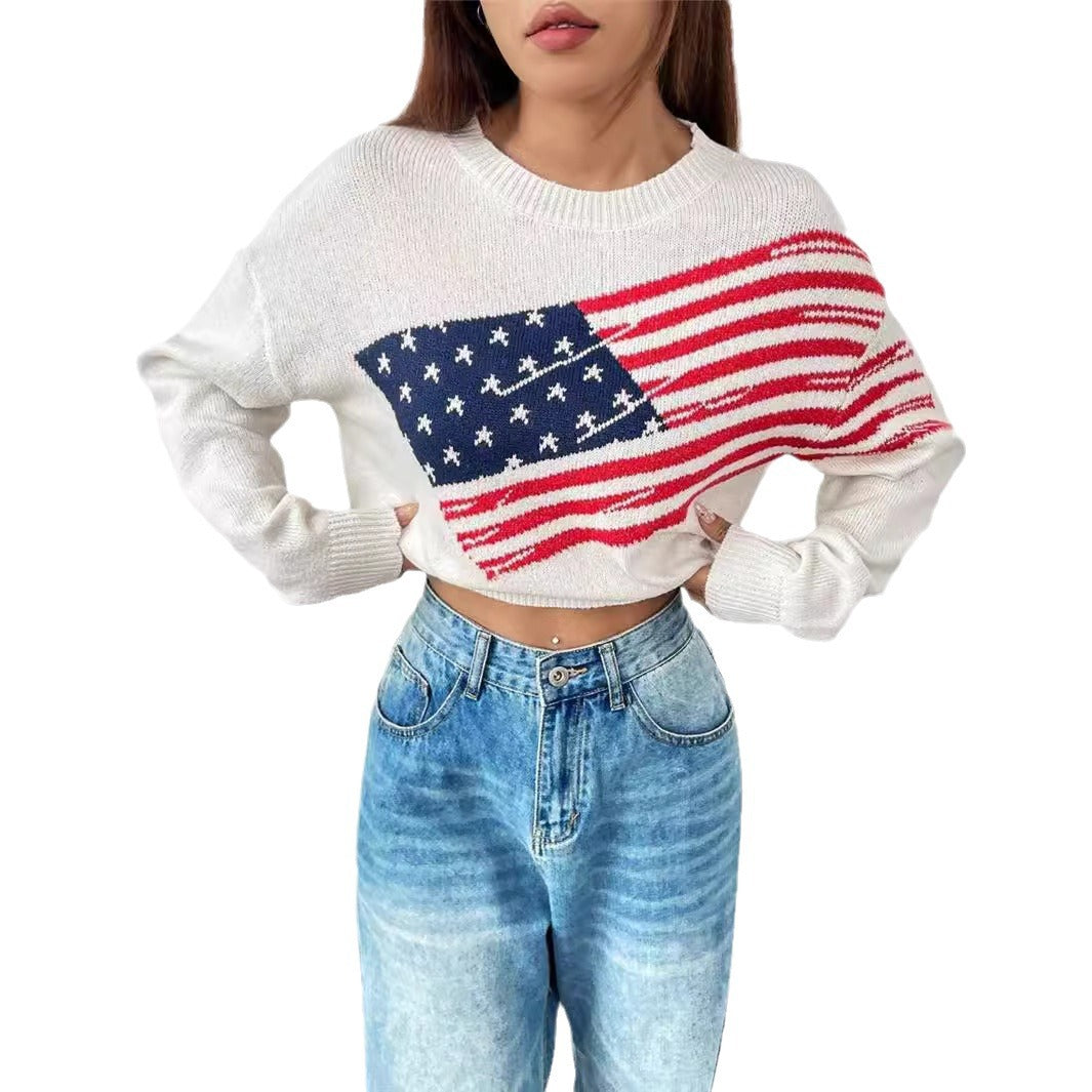 Damen Strickpullover mit Flaggenmuster und lässigem Schnitt Drune