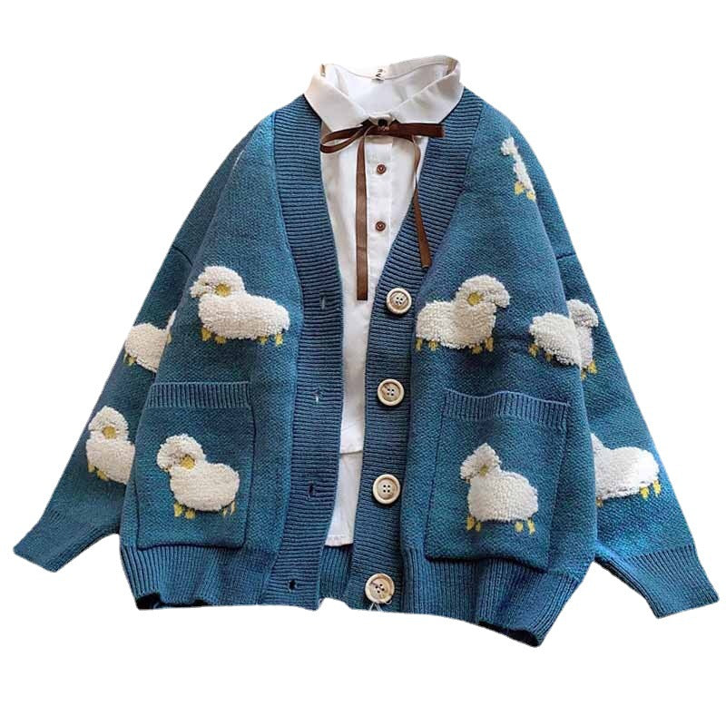 Damen Strickjacke mit verspieltem Schafmotiv und großen Knöpfen Drune