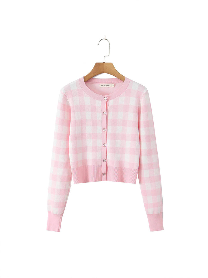 Damen modischer karierten Strickjacke mit Rundhalsausschnitt und Knopfverschluss Drune