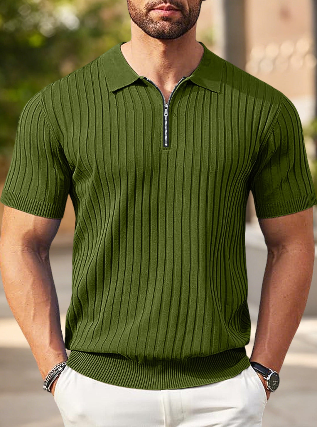 Herren nan elegantes strukturiertes Kurzarm-Strickpolo mit kurzem Metallreißverschluss und Hemdkragen Drune