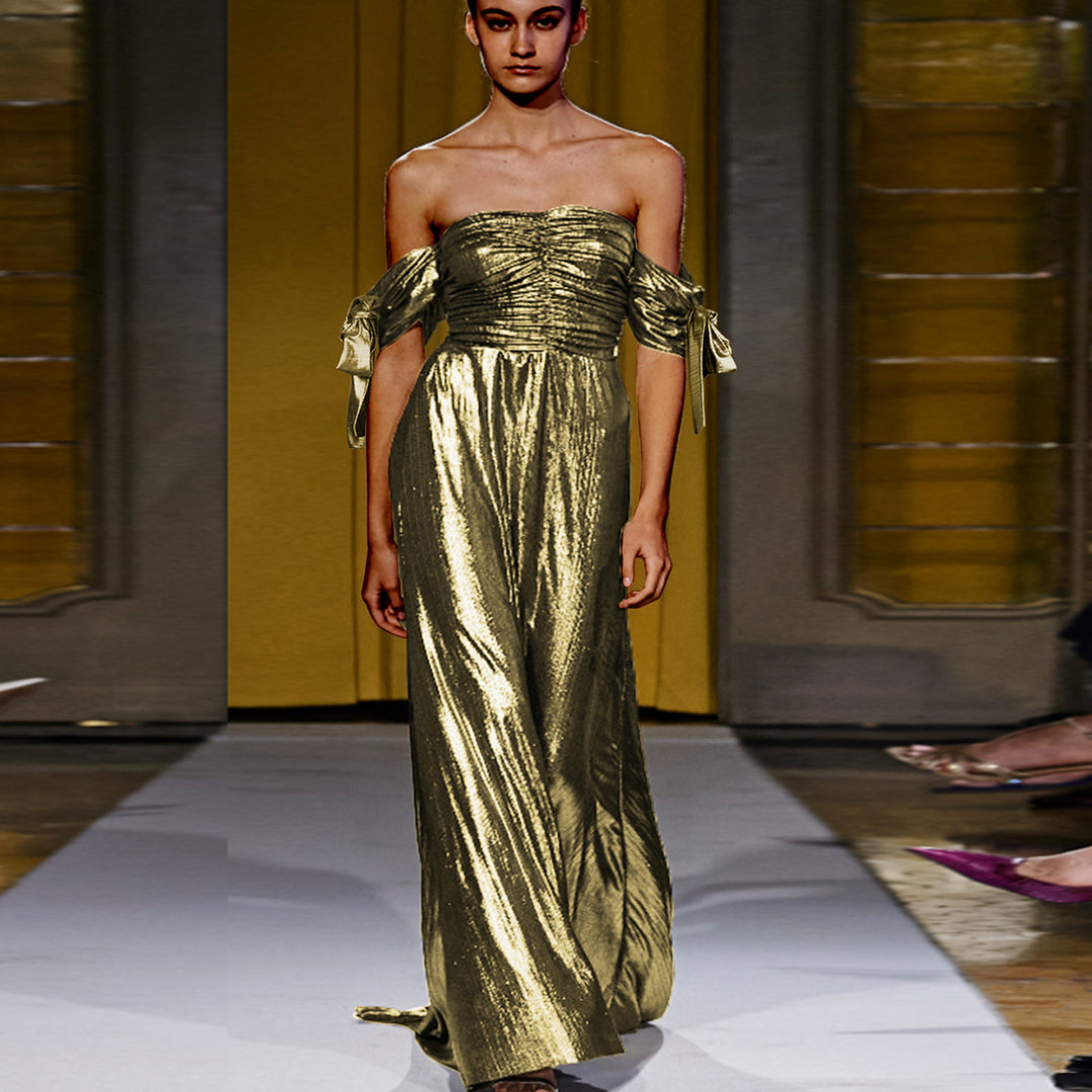 Damen Elegantes Maxikleid mit gerafftem Oberteil und schimmernden Ärmeln Drune