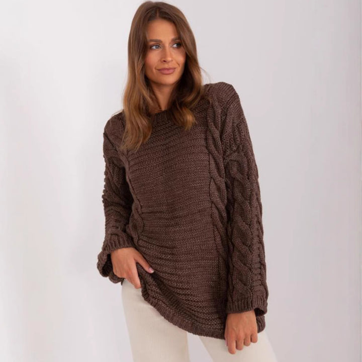 Damen Grobstrickpullover mit modernem Zopfmuster und weiten Ärmeln Drune