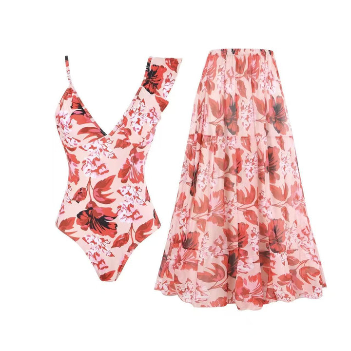 Damen Badeanzug mit floralem Design und passendem Rock Drune