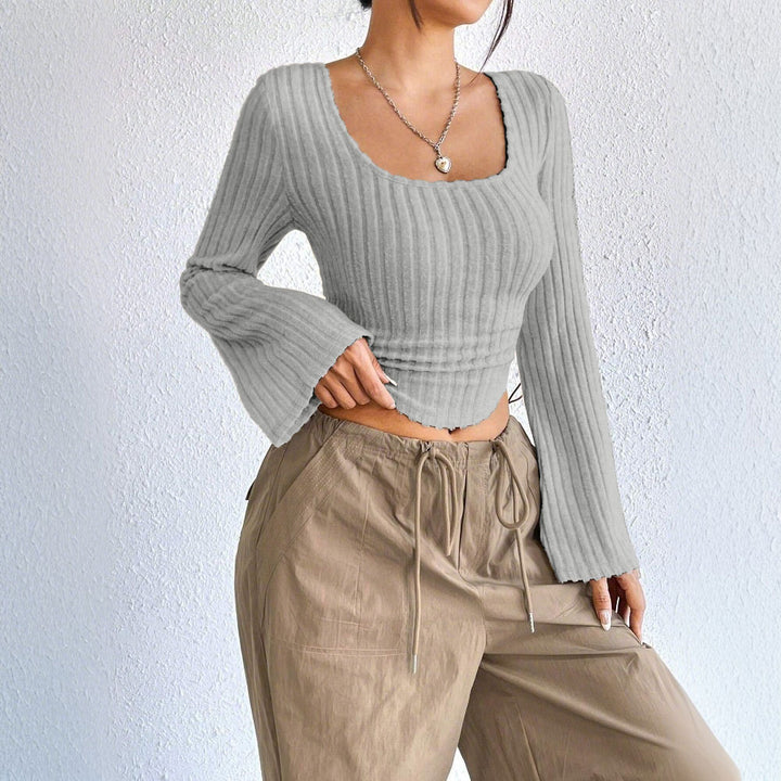 Damen Langarm-Crop-Top mit dekorativem Rippdesign und abgerundetem Saum Drune