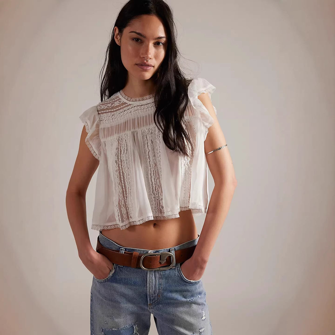 Damen Luftiges Spitzenoberteil mit Rüschendetails Drune