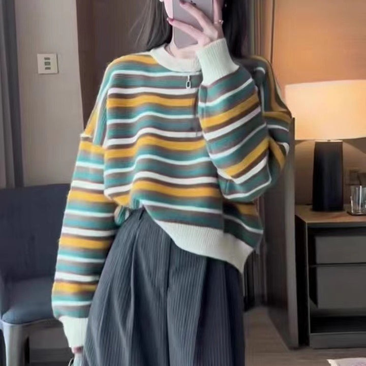 Damen gestreifter Pullover mit weitem Schnitt und modischen Details Drune