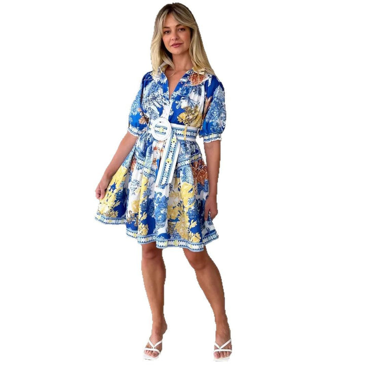 Damen Kurzarmkleid mit elegantem floralem Design und gerafftem Bund Drune