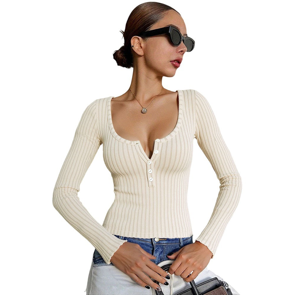 Damen Langarmshirt mit tiefem V-Ausschnitt und Knopfdetails Drune