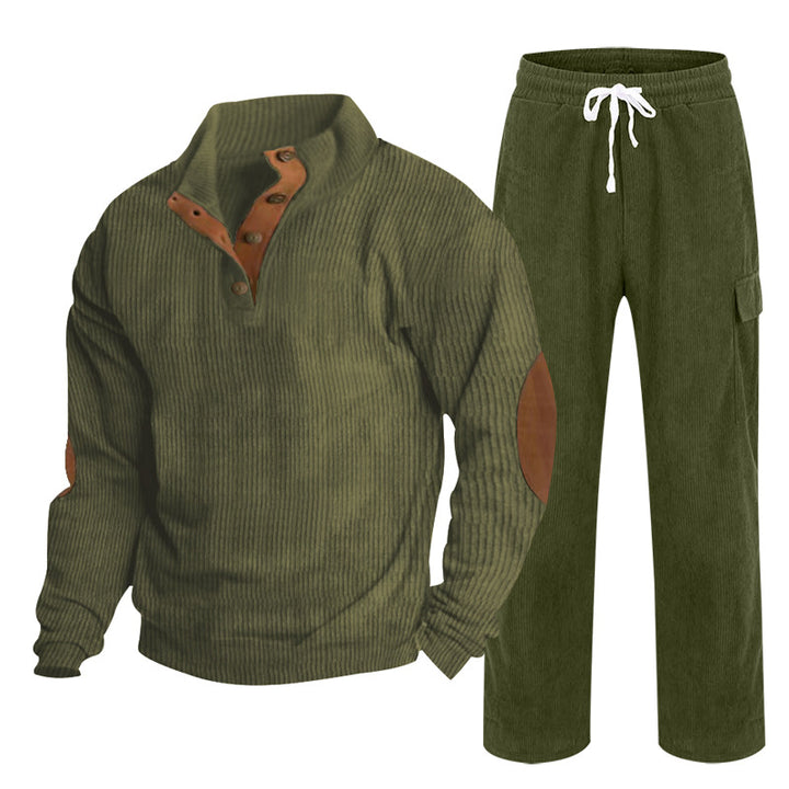 Herren nan strukturiertes Cord-Henley-Loungewear-Set mit Ellenbogenpatches und Cargo-Jogpant Drune