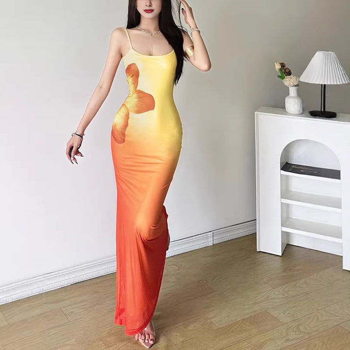 Damen figurbetontes Abendkleid mit Spaghettiträgern und Farbverlauf Drune