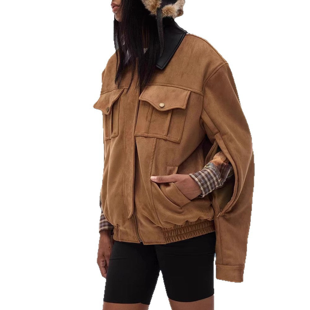 Damen Trendige Suede Jacke mit abnehmbarem Pelzkragen Drune