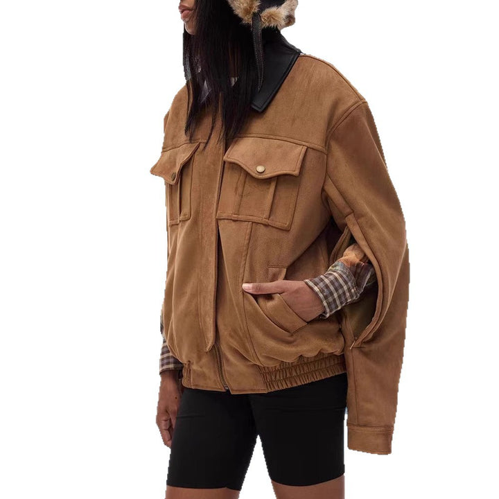 Damen Trendige Suede Jacke mit abnehmbarem Pelzkragen Drune