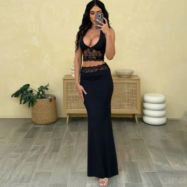 Damen Langer Sommerrock mit tiefem V-Ausschnitt und eleganter Spitzenapplikation Drune
