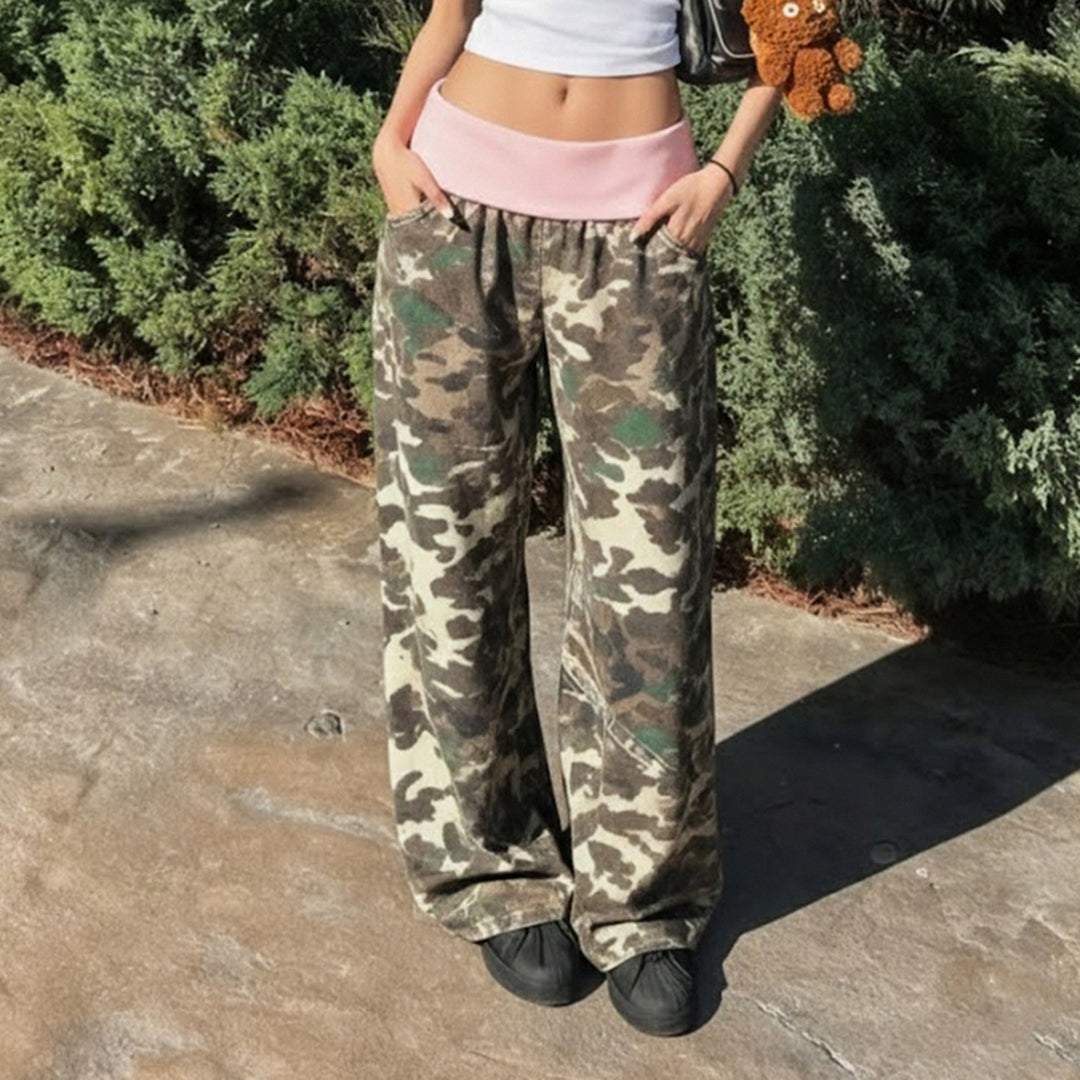 Damen bequeme Cargohose mit elastischem Bund und Camouflage-Muster Drune