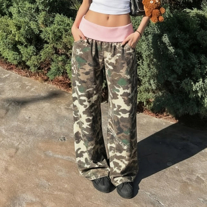 Damen bequeme Cargohose mit elastischem Bund und Camouflage-Muster Drune
