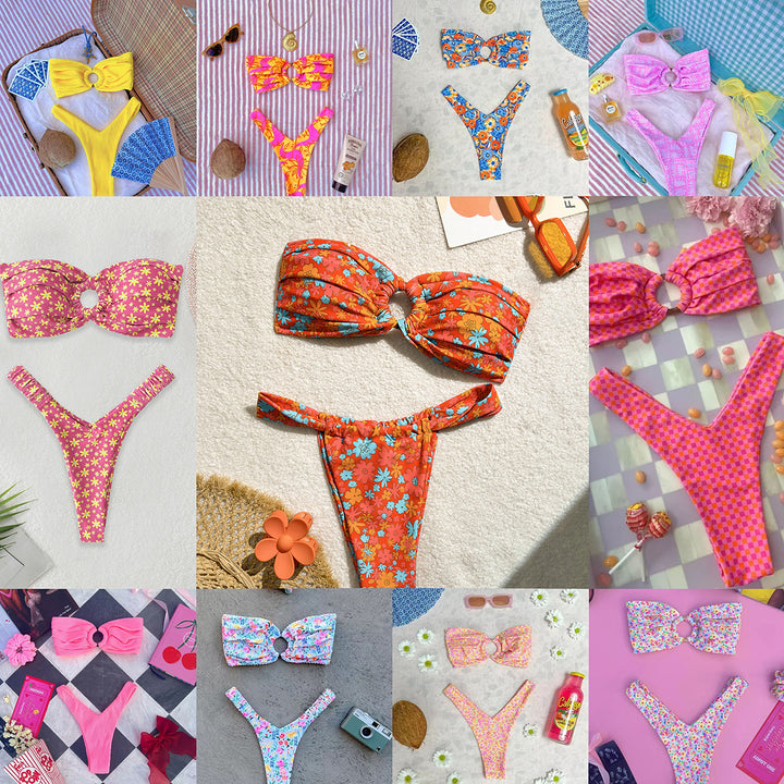 Damen Bandeau-Bikini mit Blumenmuster und Schlaufen-Detail Drune