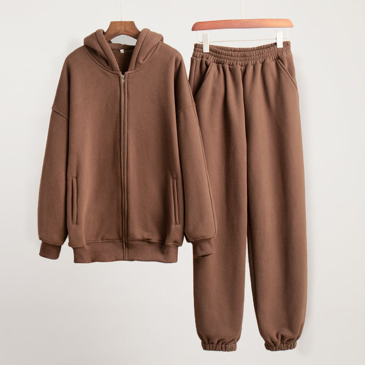 Damen Bequemes Fleece-Hausanzug-Set mit Hoodie und elastischem Bund Drune