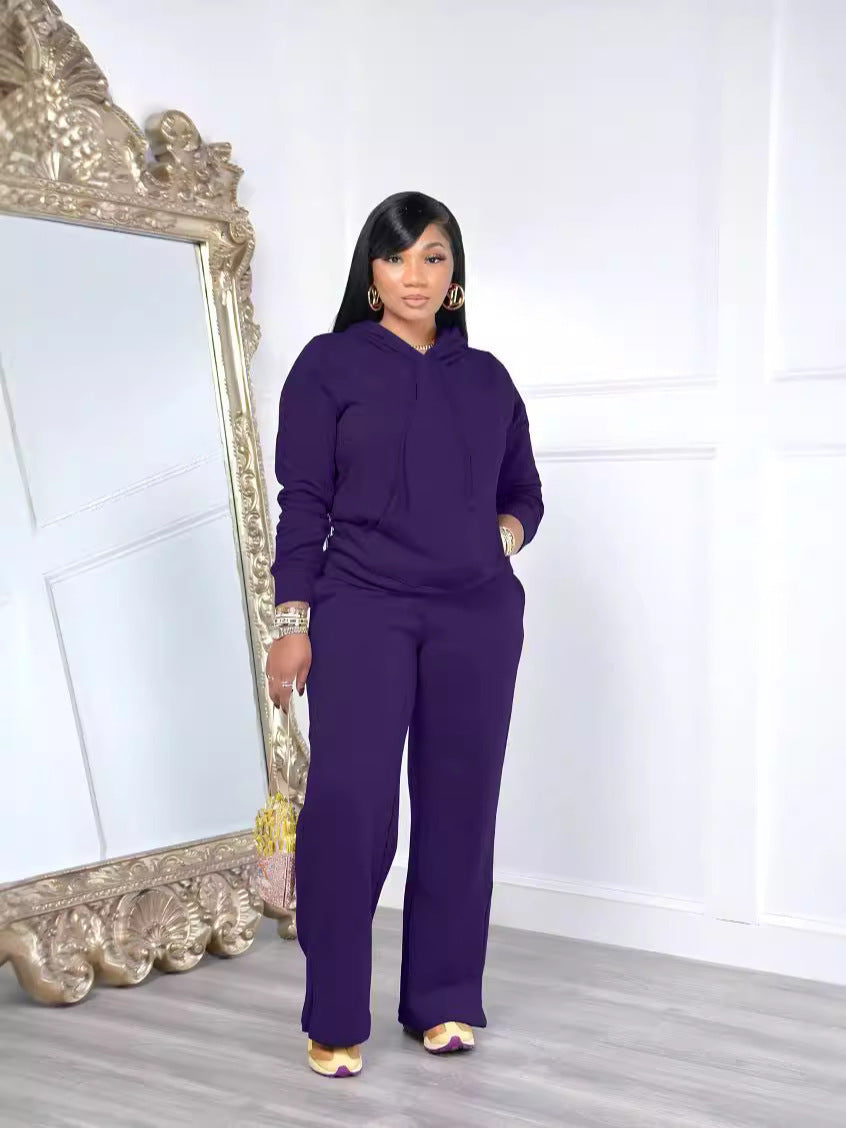 Damen nan Relax-Loungewear-Set mit weitem Highwaist-Palazzo-Jogger, Kapuzenpullover mit Kängurutasche und seitlichem Saumschlitz Drune
