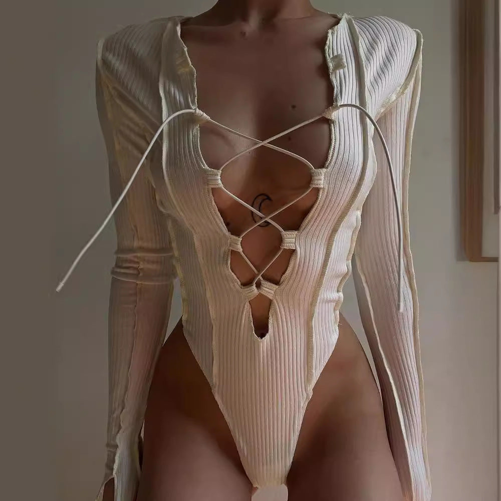 Damen Bodysuit mit raffiniertem Schnür-Design und langem Arm Drune