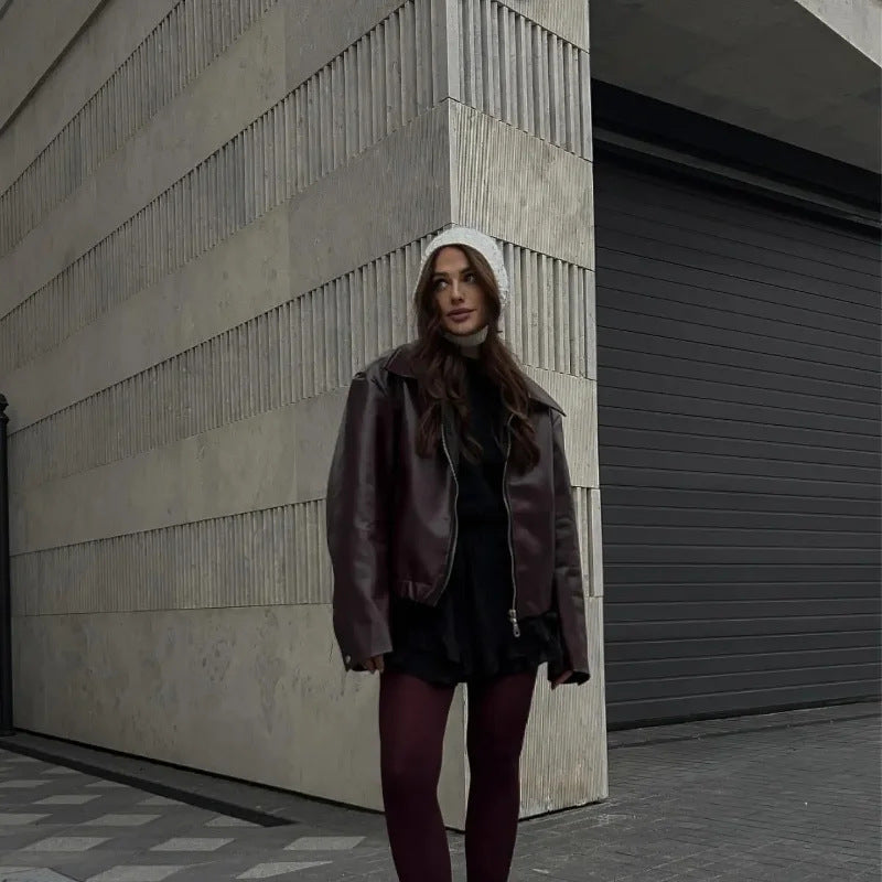 Damen Oversized Kunstlederjacke mit breitem Kragen und Reißverschluss Drune
