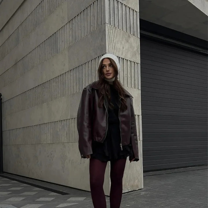 Damen Oversized Kunstlederjacke mit breitem Kragen und Reißverschluss Drune