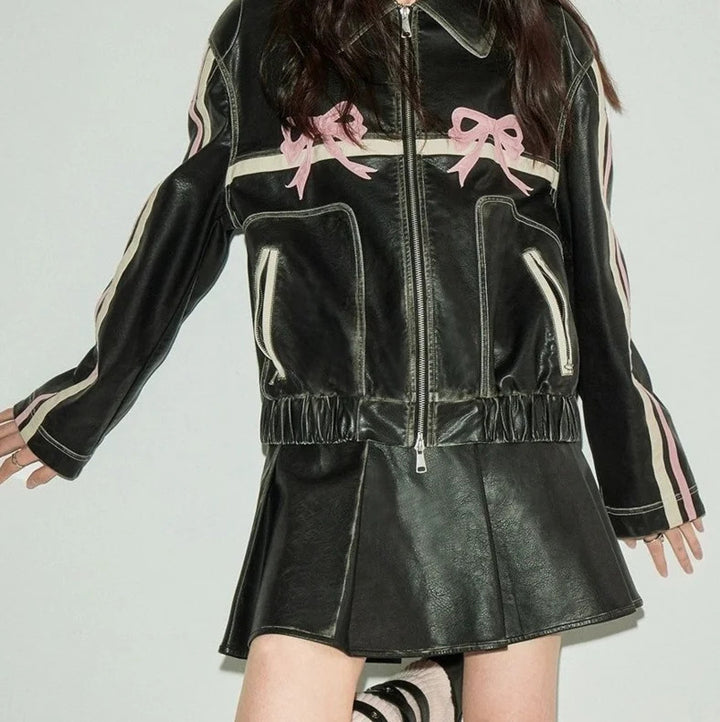 Damen Kunstlederjacke mit Rüschen und elastischem Saum Drune