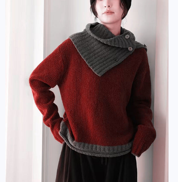 Damen grob gestrickter Pullover mit asymmetrischem Kragen und innovativer Knopfdetail Drune