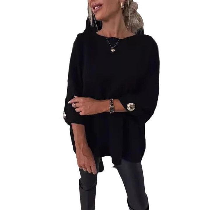 Damen Eleganter Strickpullover mit weit geschnittenen Ärmeln und Knopfdetails Drune