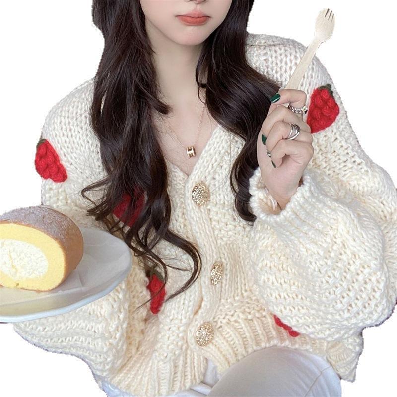Damen Grober Strickcardigan mit Blumenstickerei und funkelnden Knöpfen Drune