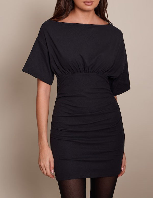 Damen figurbetontes Wickelkleid mit Raffungen und weiten Ärmeln Drune
