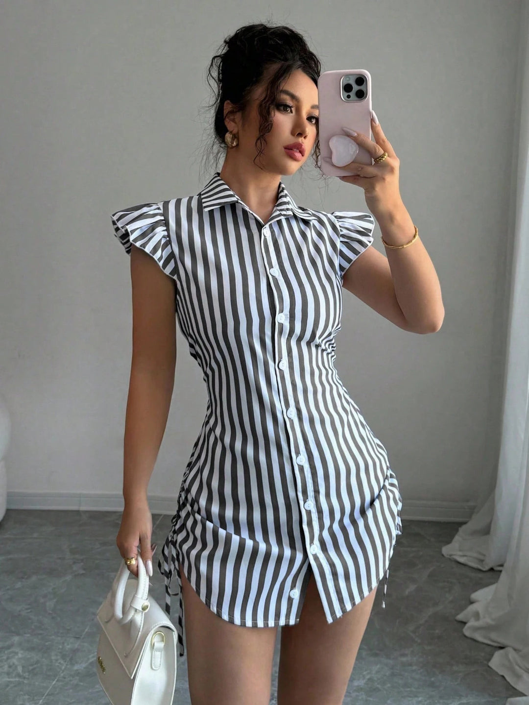 Damen gestreiftes Hemdkleid mit Rüschendetails und taillierter Passform Drune