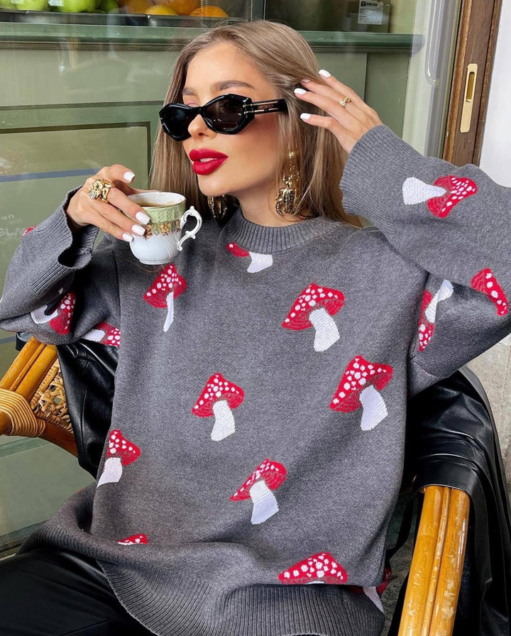 Damen Strickpullover mit verspieltem Pilzmotiv Drune