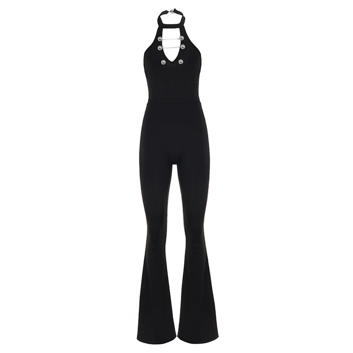 Damen Fließender Jumpsuit mit hochgeschlossenem Ausschnitt und dekorativen Knöpfen Drune