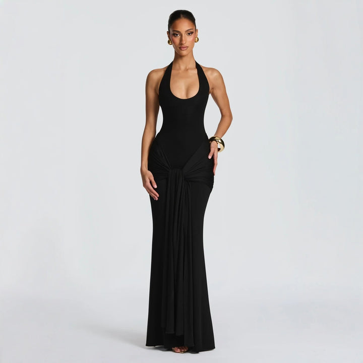 Damen Maxikleid mit elegantem Halterneck und raffinierten Drapierungen Drune