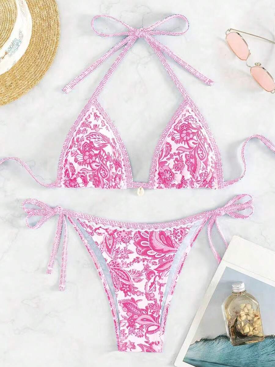 Damen Triangel-Bikini mit floralem Vintage-Muster Drune